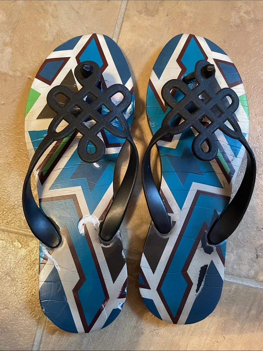 Diane Von Furstenberg Black Strappy Sandals with Blue Geometric Print